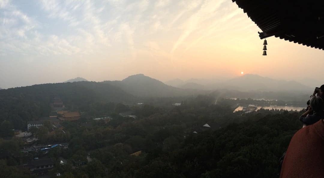 View From The Top Of Leifeng Pagoda. The Pollution Is Bad But It Makes The Sunset Weirdly Beautiful - Things To Do In Hangzhou 