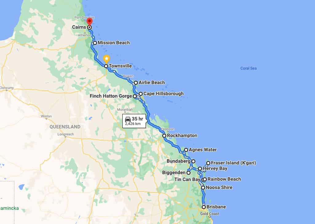Brisbane To Cairns Road Trip Itinerary Map 